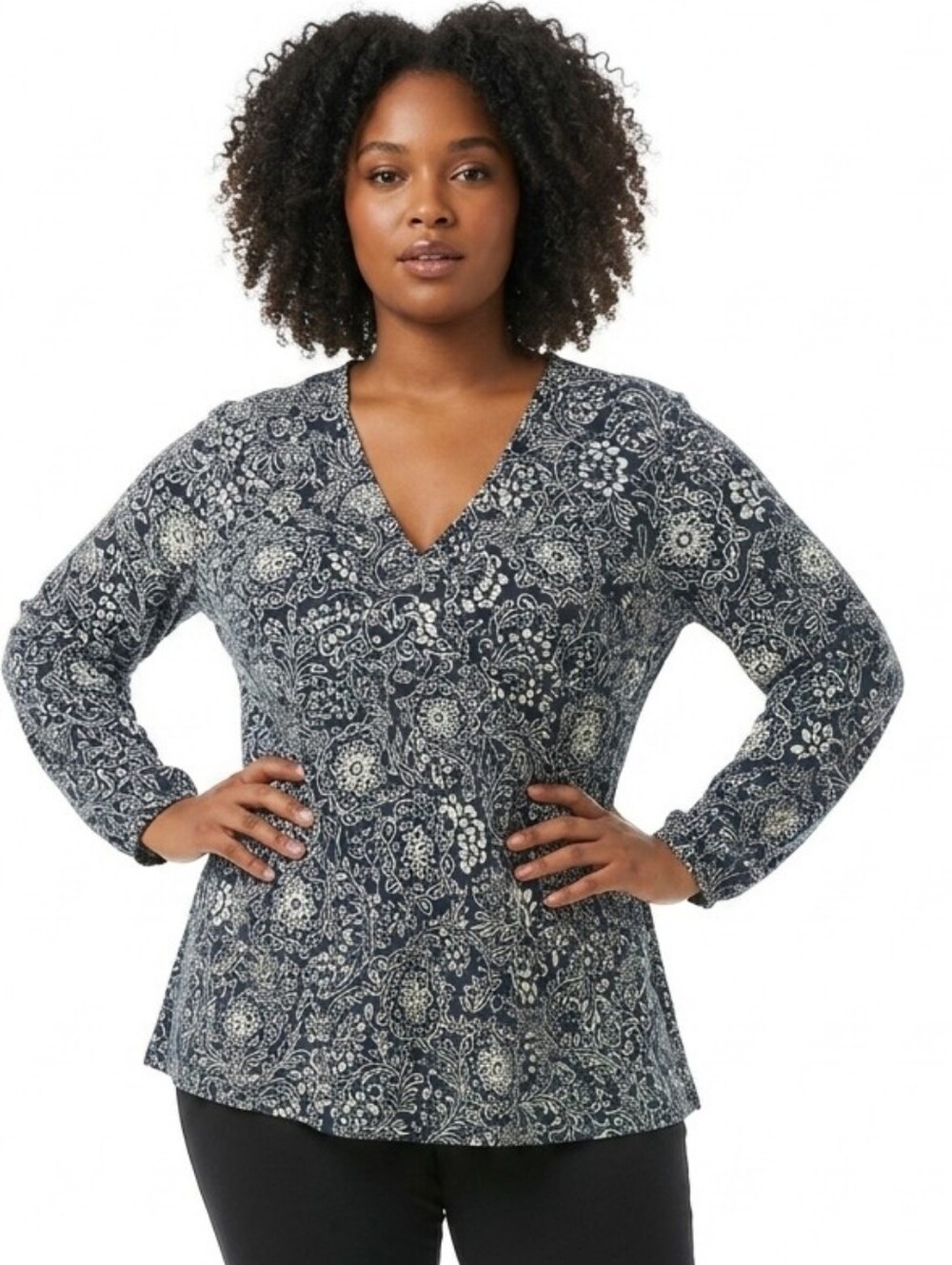 Avenue Plus Size Black and Cream Patterned Women Top